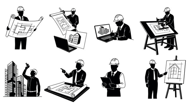 Multiple male figures in hard hats engaged in various architectural tasks, including reviewing blueprints, using laptops, and overseeing construction models.