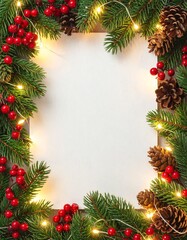 Marco navideño hiperrealista con ramas de pino frescas, bayas rojas brillantes, piñas naturales y luces LED cálidas y delicadas.