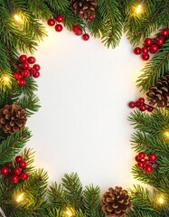 Marco navideño hiperrealista con ramas de pino frescas, bayas rojas brillantes, piñas naturales y luces LED cálidas y delicadas.