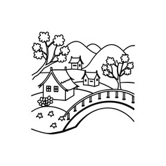 Fototapeta premium Scenic Village with Houses Trees and Bridge Black and White Outline