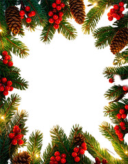 Marco navide&ntilde;o hiperrealista con ramas de pino frescas, bayas rojas brillantes, pi&ntilde;as naturales y luces LED c&aacute;lidas y delicadas.