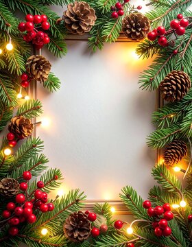 Marco navide&ntilde;o hiperrealista con ramas de pino frescas, bayas rojas brillantes, pi&ntilde;as naturales y luces LED c&aacute;lidas y delicadas.