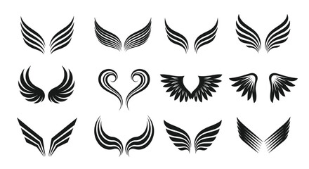 Elegant black wing tattoo designs collection, decorative angel and bird feather vector illustration set, fantasy abstract wings silhouette art, vintage style, isolated