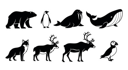 Fototapeta premium Black silhouette icons of various arctic animals, including a bear, penguin, walrus, whale, fox, caribou, and puffin.