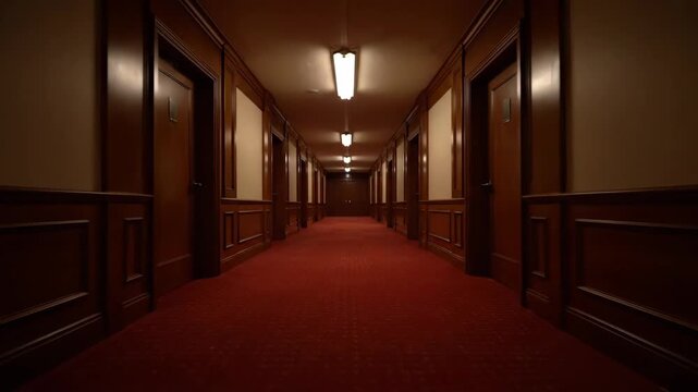 Empty hotel corridor with a long red carpet, dark wooden panels and rows of closed doors, creating a symmetrical, eerie vanishing-point perspective of solitude and suspense