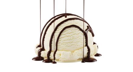 Scoop of vanilla ice cream with chocolate syrup dripping over it on white background.