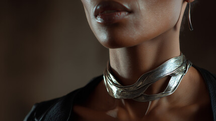 Elegant Silver Choker on Woman’s Neck
Fashion Jewelry Close-Up with Soft Light