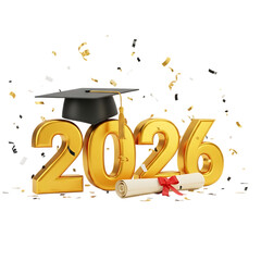 Golden 2026 graduation year with cap and diploma surrounded by confetti on black background