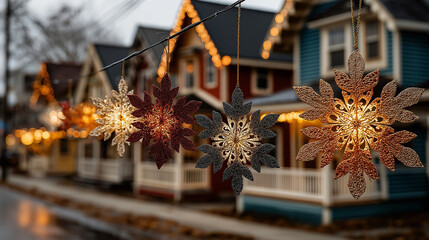 festive snowflake lights on cozy street