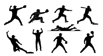 Silhouettes of male baseball players in various action poses, including pitching, catching, batting, and sliding, showcasing dynamic movement and athleticism.