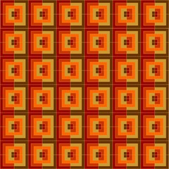 Geometric pattern with interlaced rectangles in ruby red, orange, gold, walnut, brick red, and white.
