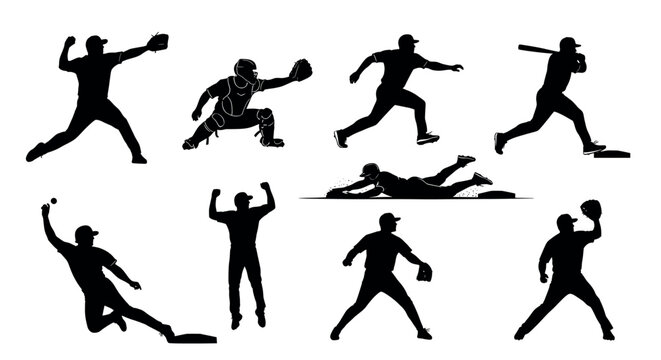 Silhouettes of male baseball players in various action poses, including pitching, catching, batting, and sliding, showcasing dynamic movement and athleticism.