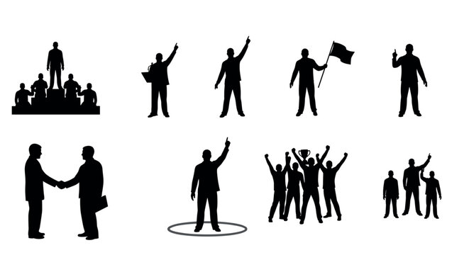 Black silhouette icons of various male figures in different poses, including gesturing, holding a flag, shaking hands, and celebrating as a group.