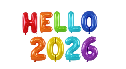 Colorful metallic helium balloons spelling out hello 2026 isolated on transparent background