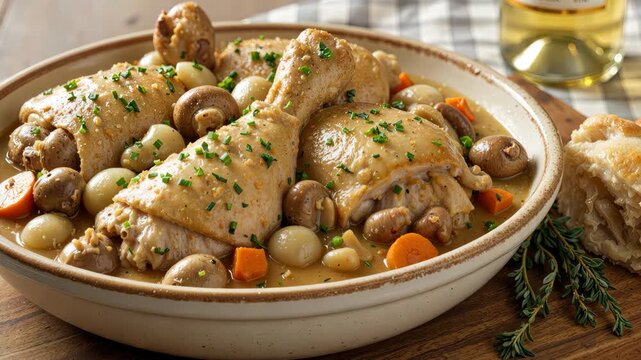 Coq au vin chicken stew with button mushrooms, pearl onions, and carrots.