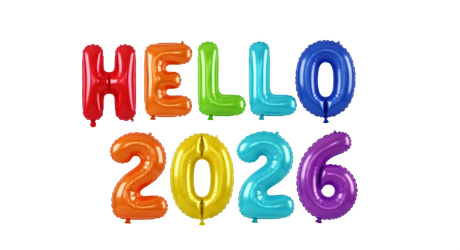 Colorful metallic helium balloons spelling out hello 2026 isolated on transparent background