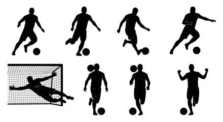 Silhouettes of male soccer players in various poses, including dribbling, shooting, and celebrating, with one performing a goalkeeping save.