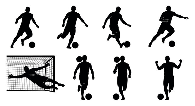 Silhouettes of male soccer players in various poses, including dribbling, shooting, and celebrating, with one performing a goalkeeping save.