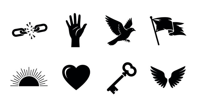 Black silhouette icons depicting a broken chain, raised hand, flying bird, waving flag, rising sun, heart, vintage key, and angel wings.