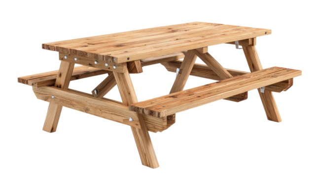 A sturdy light-colored wooden picnic table with attached benches, featuring natural wood grain and metal fastenings, isolated on a transparent background. background removed