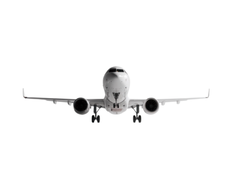White airplane flying isolated on white background.