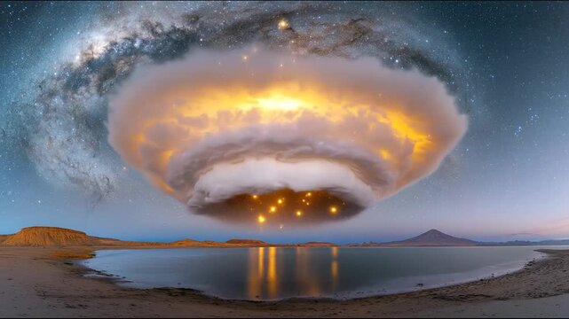 Surreal cosmic event unfolds above a tranquil desert lake under the Milky Way's glow, featuring luminous celestial bodies and ethereal clouds