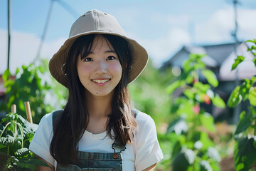 A young woman smiling in a garden wearing a sun hat and overalls on a sunny day in a rural setting
