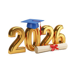 Golden 2026 graduation year with cap and diploma on black background