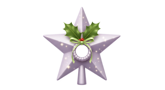 White star christmas tree topper with holly and bow isolated on transparent background