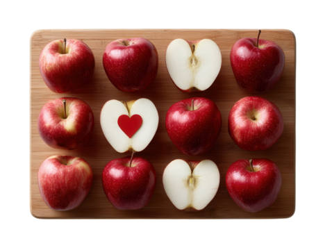 Red apples with heart cutout on wooden board.