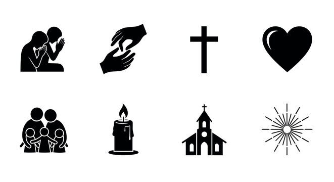 Set of eight black silhouette icons representing prayer, love, faith, family, compassion, spirituality, and unity in simple designs.