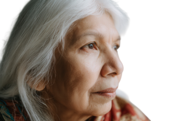 Elderly Indian woman with white hair showing subtle sadness.