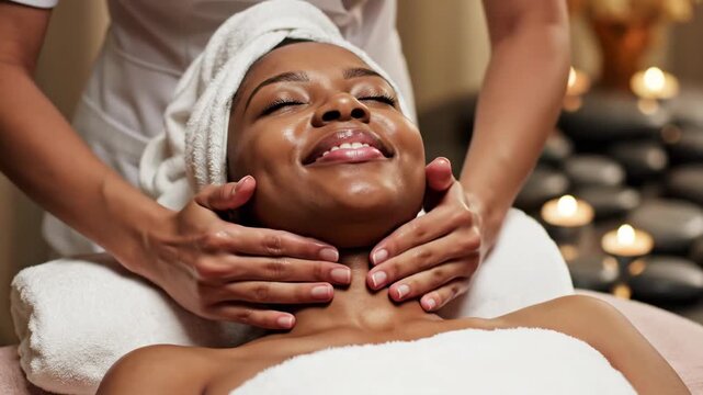 African american woman with closed eyes and a towel on her head relaxing during a rejuvenating facial massage treatment performed by a therapist in a tranquil spa environment
