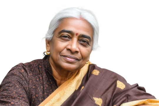 Elderly Indian woman with white hair looking thoughtful on grey background. - Powered by Adobe