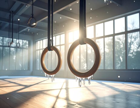 Sunlit modern gym with artistic gymnastic rings dripping ice droplets casting long shadows - Powered by Adobe