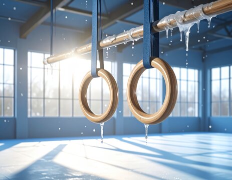 Surreal scene of gymnastic rings covered in ice and melting icicles in a sunlit, frozen gym