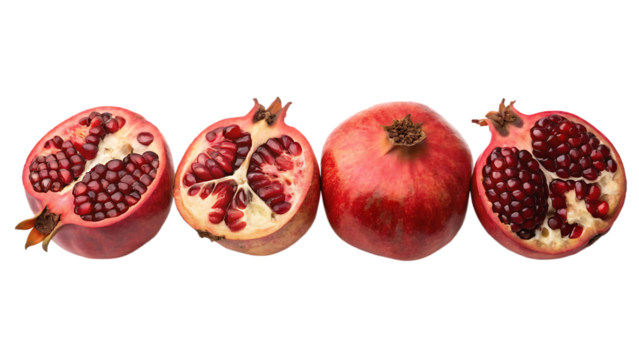 A lineup of crimson pomegranates cut out on PNG. AI GENERATED.