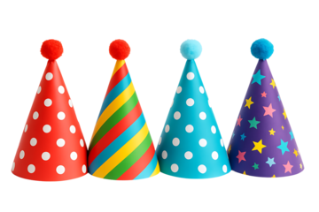 Row of colorful party hats with pom poms, stripes, glitter, and polka dots isolated on White background