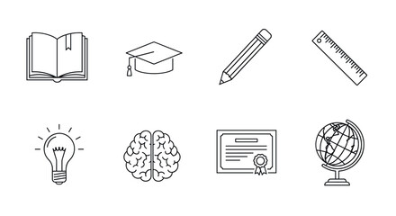 Eight black outline educational icons including a book, graduation cap, pencil, ruler, light bulb, brain, certificate, and globe, symbolizing learning and knowledge.