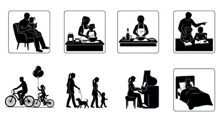 Black silhouette illustrations depicting family activities, such as reading, cooking, and cycling, showcasing diverse interactions among adults and children.