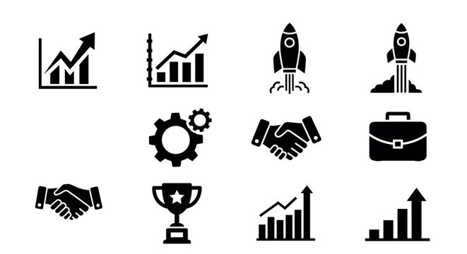 Black icon set depicting business growth themes including bar charts, rocket launches, handshake, briefcase, trophy, and gear with cogwheel on a white background.