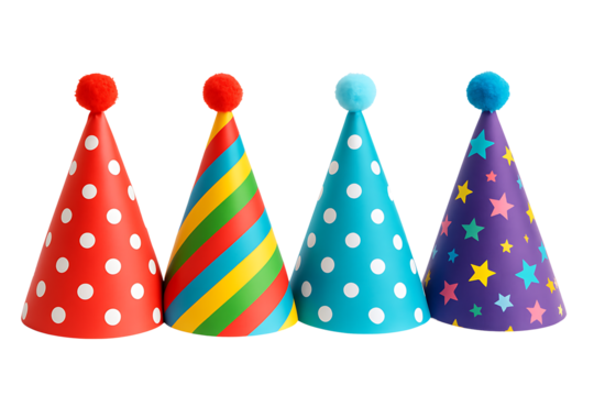 Row of colorful party hats with pom poms, stripes, glitter, and polka dots isolated on White background