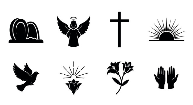 Black silhouette icons representing christian symbols, including a tomb, angel, cross, sunrise, dove, rays, flower, and praying hands.