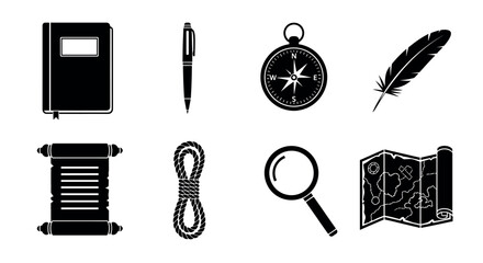 Black silhouette icons of a notebook, pen, compass, feather quill, scroll, rope, magnifying glass, and map, representing various tools and objects.