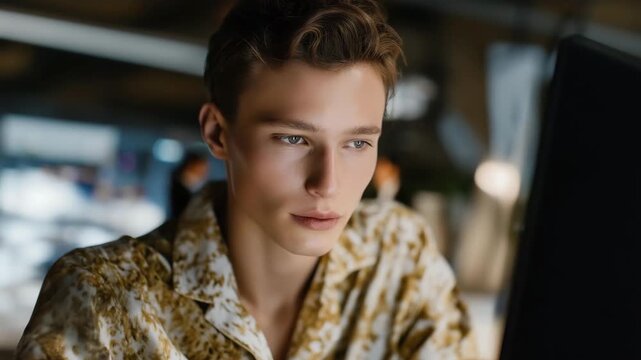 Researcher analyzing lifecycle metrics of compostable materials on holographic screen, emotion of focus visible, representing AI in sustainability, circular economy, and green analytics. cinematic