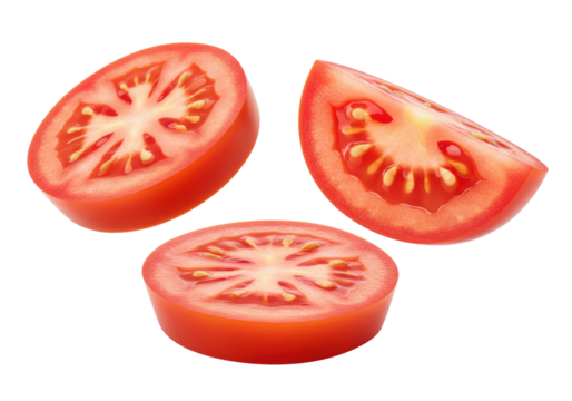 Three perfectly ripe, vibrant red tomato slices, 0.5 cm thick, with visible seeds and juicy interior, suspended against a transparent background, commercial food photography concept