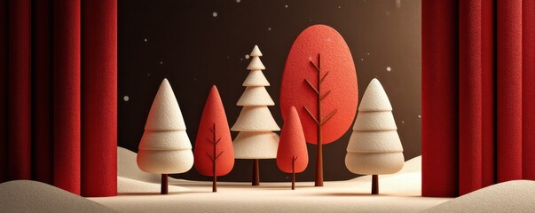 Whimsical Christmas stage scene with red curtains, stylized trees, and snowy landscape