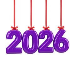 Purple inflatable balloons forming the year 2026 hanging on red ribbons