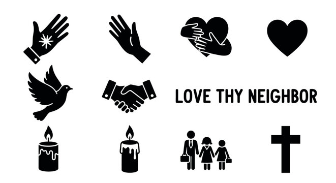 Black silhouette icons depicting themes of love and unity through hands, hearts, candles, a dove, handshake, family, and a cross alongside the phrase "love thy neighbor.