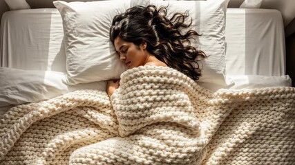 Young woman sleeping soundly wrapped in a thick knit blanket on a bright bed, morning sunlight streaming into a cozy bedroom for peaceful rest and self-care - Powered by Adobe